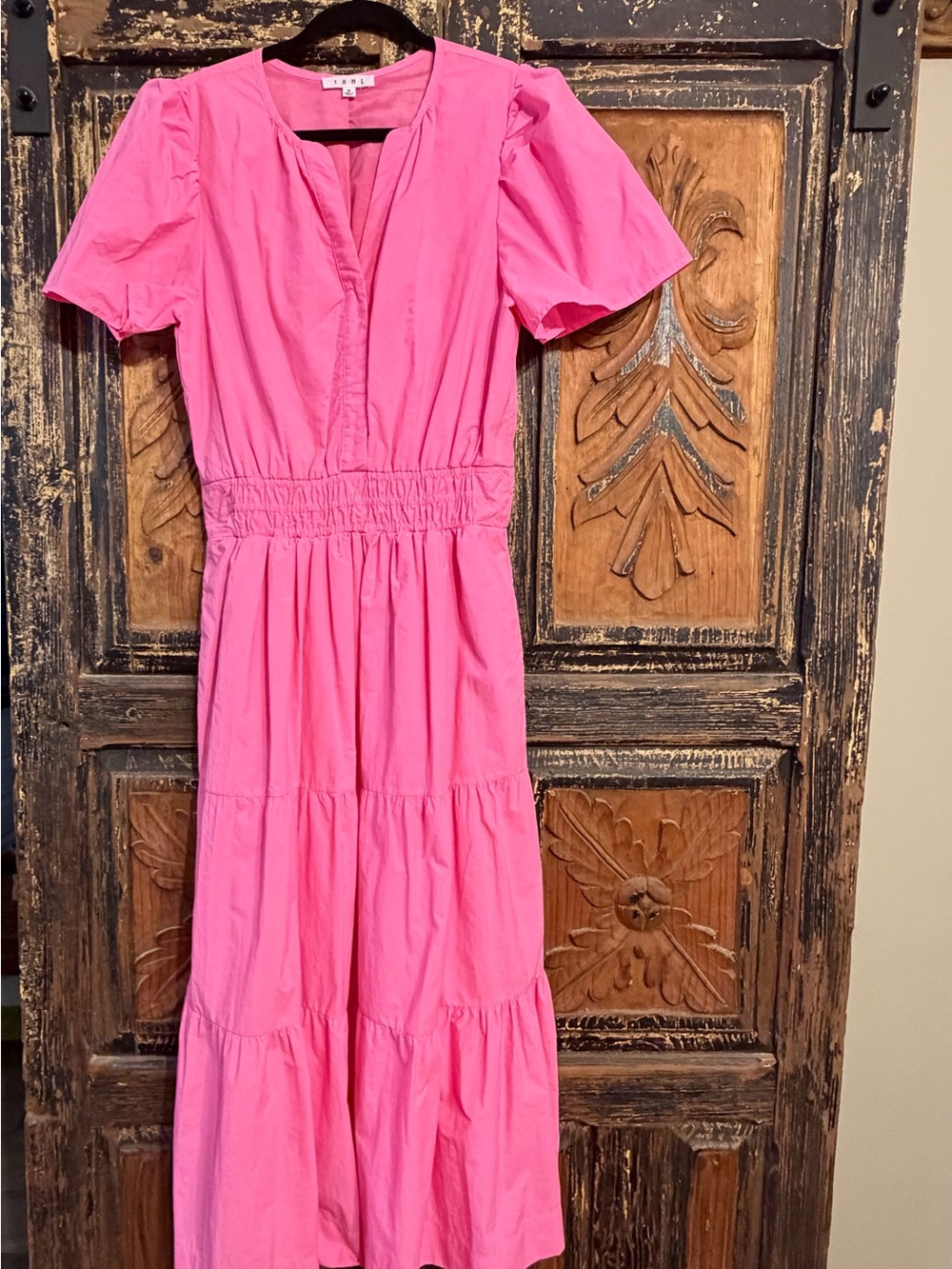 THML Bright Pink Tiered Maxi Dress with Smocked Waist